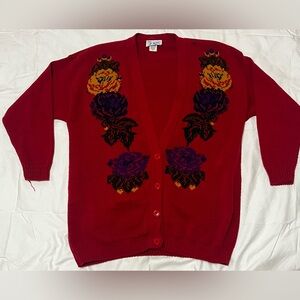 Vintage 80s J Knit Floral Flowers Burgundy Cardigan Sweater USA Made Large